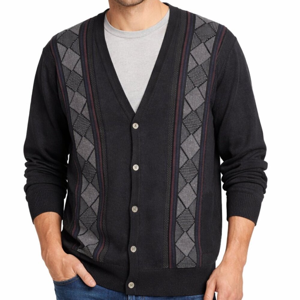 Vintage Arnold Palmer Men's Cardigan Sweater XL Black Gray Knit Button Up Layer